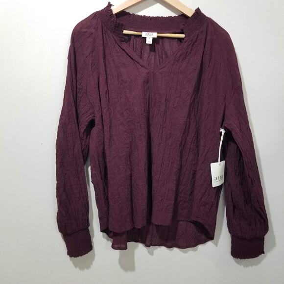 ANA Top XL Port Wine V Neck Lantern Sleeve Crinkled Polyester Lightweight NWT - Picture 2 of 7